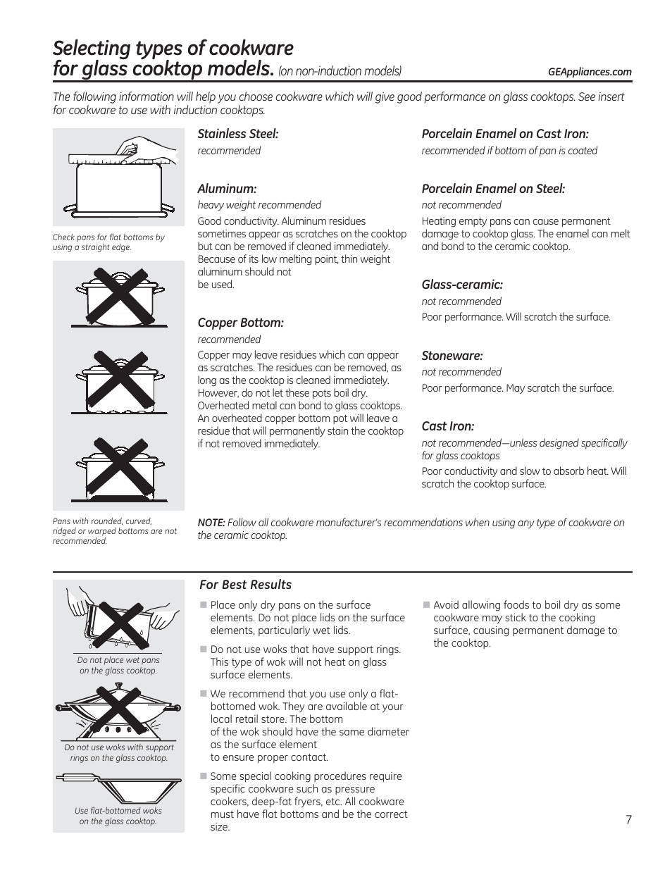 Selecting types of cookware, Stainless steel, Aluminum | Copper bottom, Porcelain enamel on cast iron, Porcelain enamel on steel, Glass-ceramic, Stoneware, Cast iron, For best results | GE CS975SDSS User Manual | Page 7 / 112
