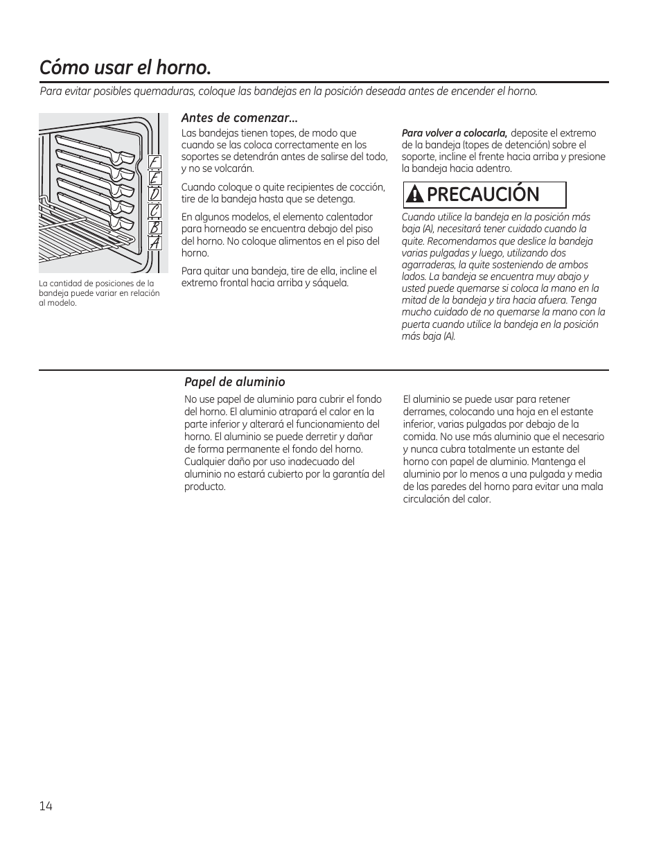 Antes de comenzar, Papel de aluminio, Cómo usar el horno | A precaución | GE CS975SDSS User Manual | Page 70 / 112