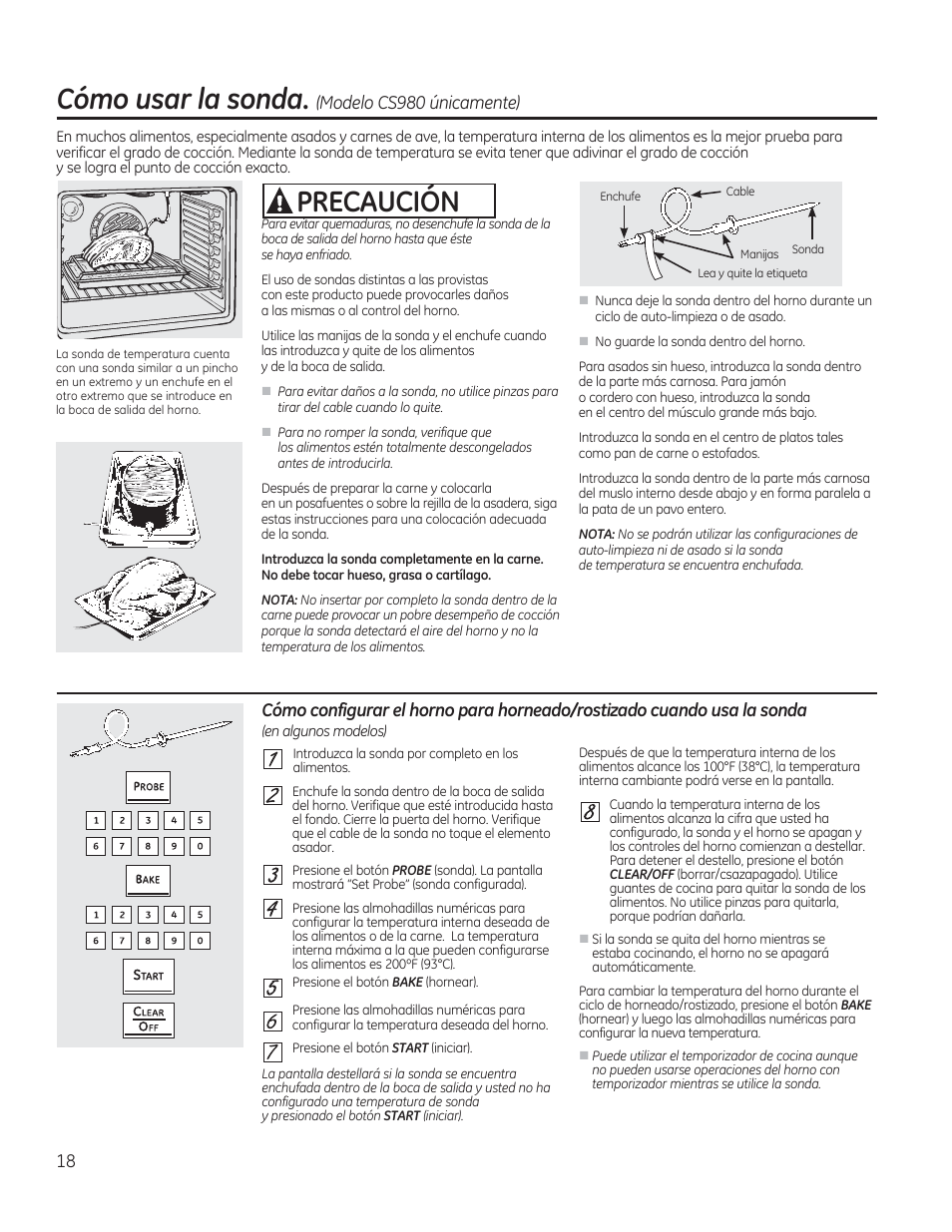 Co^o usor lo sondo. (modelo cs980 únicamente), A precaución | GE CS975SDSS User Manual | Page 74 / 112