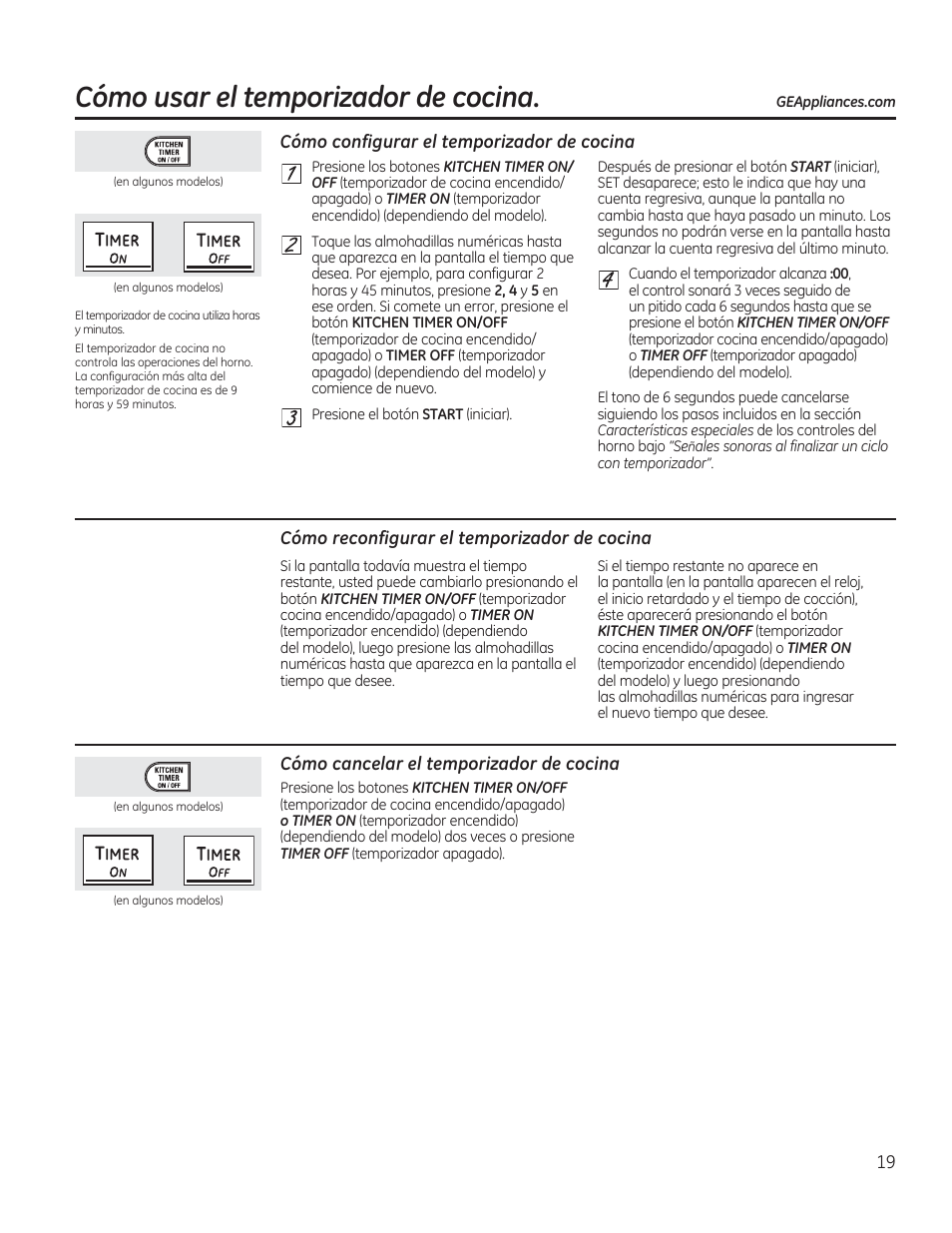 Cómo configurar el temporízador de cocina, Cómo reconfigurar el temporízador de cocina, Cómo cancelar el temporízador de cocina | Cómo usar el temporízador de cocina, Timer | GE CS975SDSS User Manual | Page 75 / 112