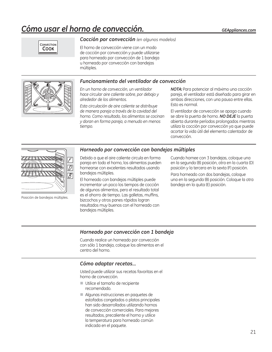 Cocción por convección (en algunos modelos), Funcionamiento del ventilador de convección, Horneado por convección con bandejas múltiples | Horneado por convección con 1 bandeja, Cómo adaptar recetas, Cómo usar el horno de convección | GE CS975SDSS User Manual | Page 77 / 112