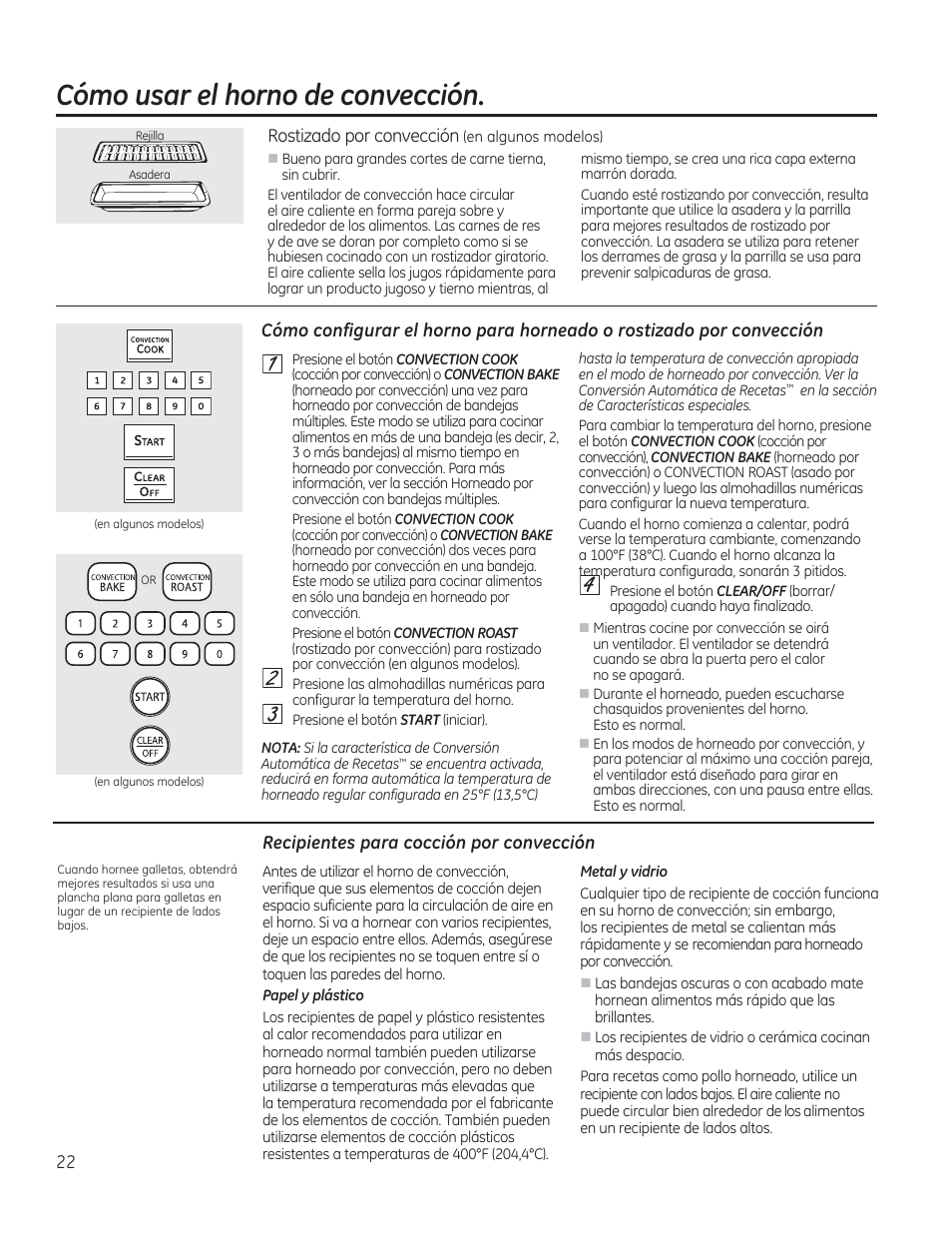 Cómo usar el horno de convección, Ooooo, Recipientes para cocción por convección | GE CS975SDSS User Manual | Page 78 / 112