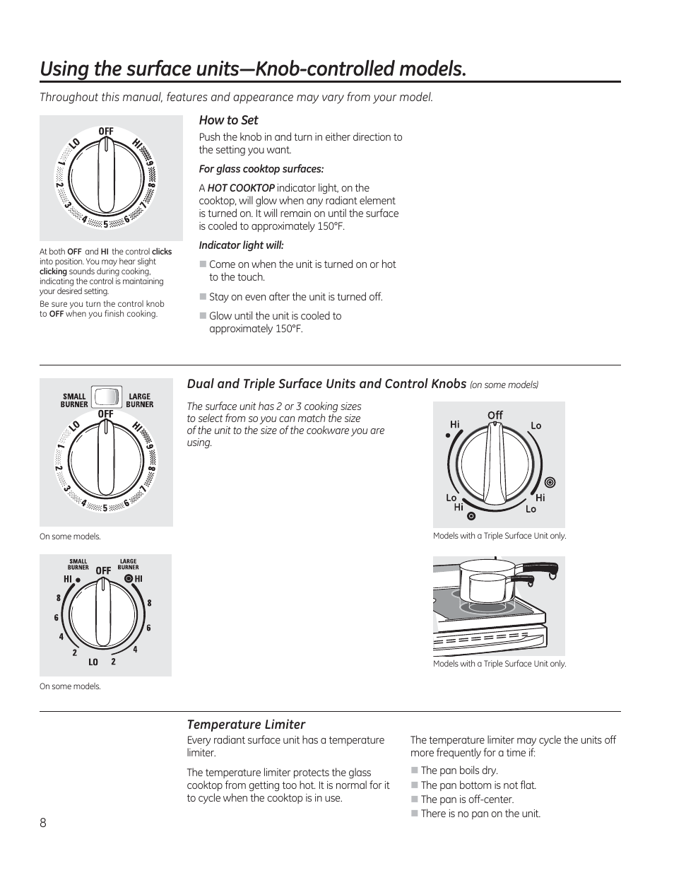 Using the surface units-knob-controhed models, How to set, Temperature limiter | GE CS975SDSS User Manual | Page 8 / 112