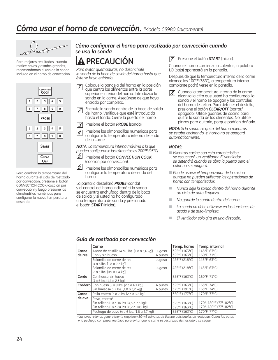 Cómo usar el horno de convección, A precaucion, Guía de rostizado por convección | H 0 0 s 0 | GE CS975SDSS User Manual | Page 80 / 112