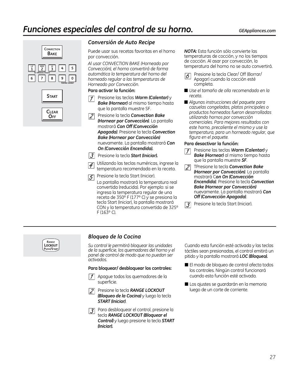 Conversión de auto recipe, Bloqueo de la cocina, Funciones especiales del control de su horno | 0 h h 0 | GE CS975SDSS User Manual | Page 83 / 112