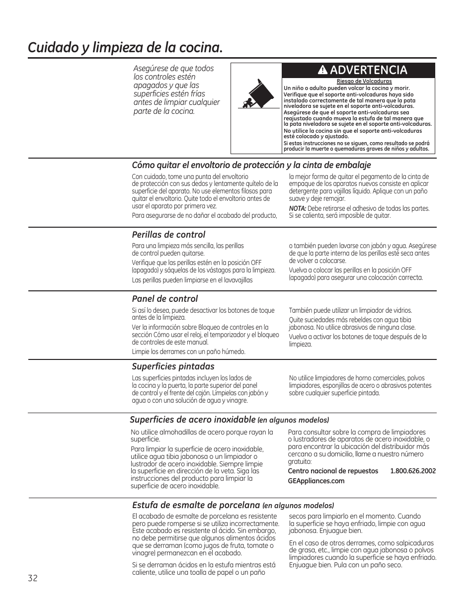 Perillas de control, Panel de control, Superficies pintadas | Cuidado y limpieza de la cocina, A advertencia | GE CS975SDSS User Manual | Page 88 / 112