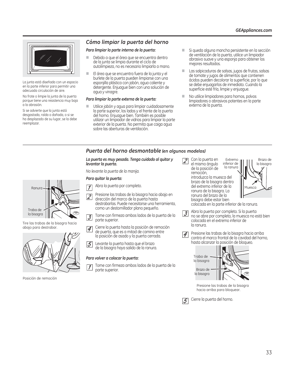 Cómo limpiar la puerta del horno, Puerta del horno desmontable (en algunos modelos) | GE CS975SDSS User Manual | Page 89 / 112