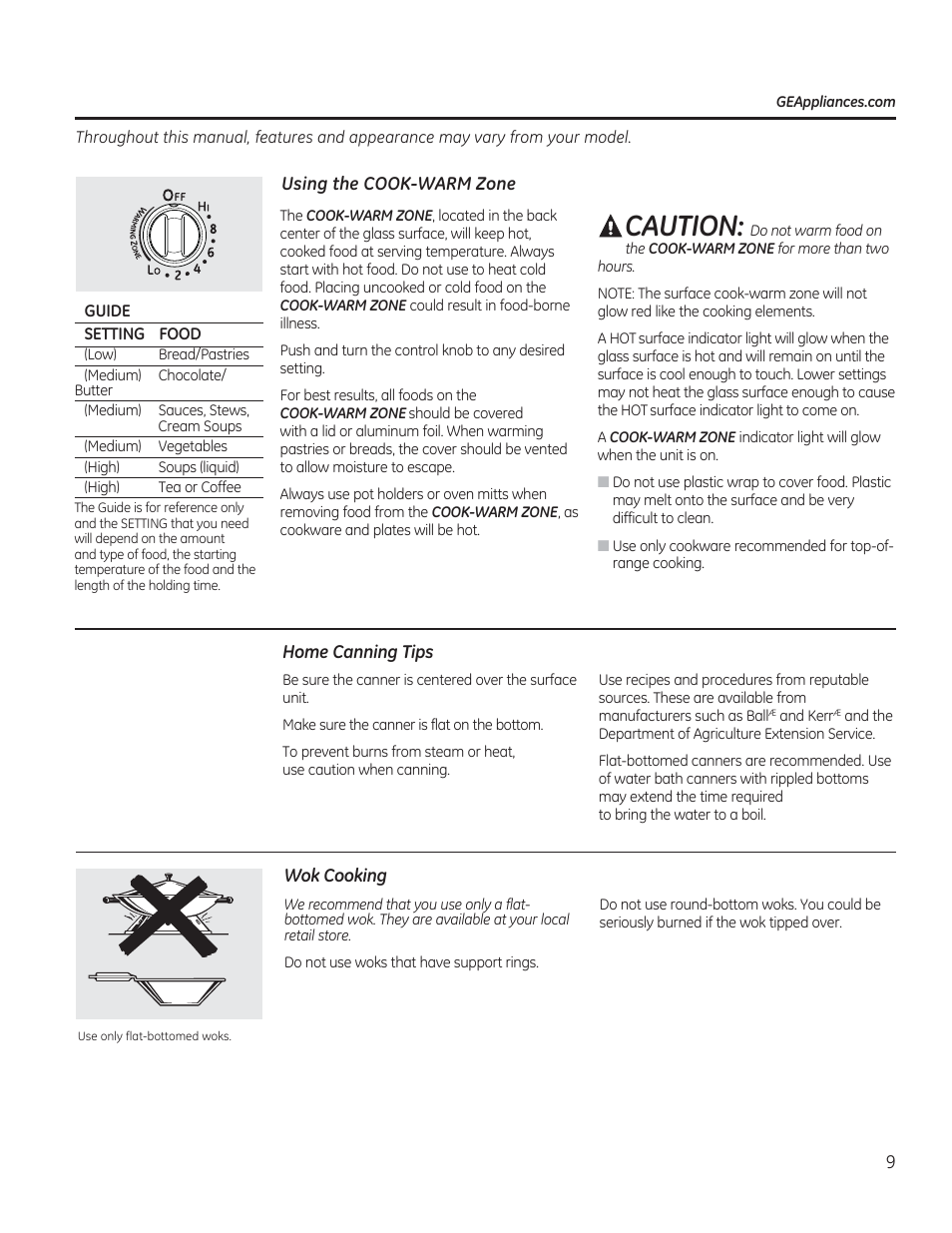 Using the cook-warm zone, Home canning tips, Wok cooking | Acaution | GE CS975SDSS User Manual | Page 9 / 112