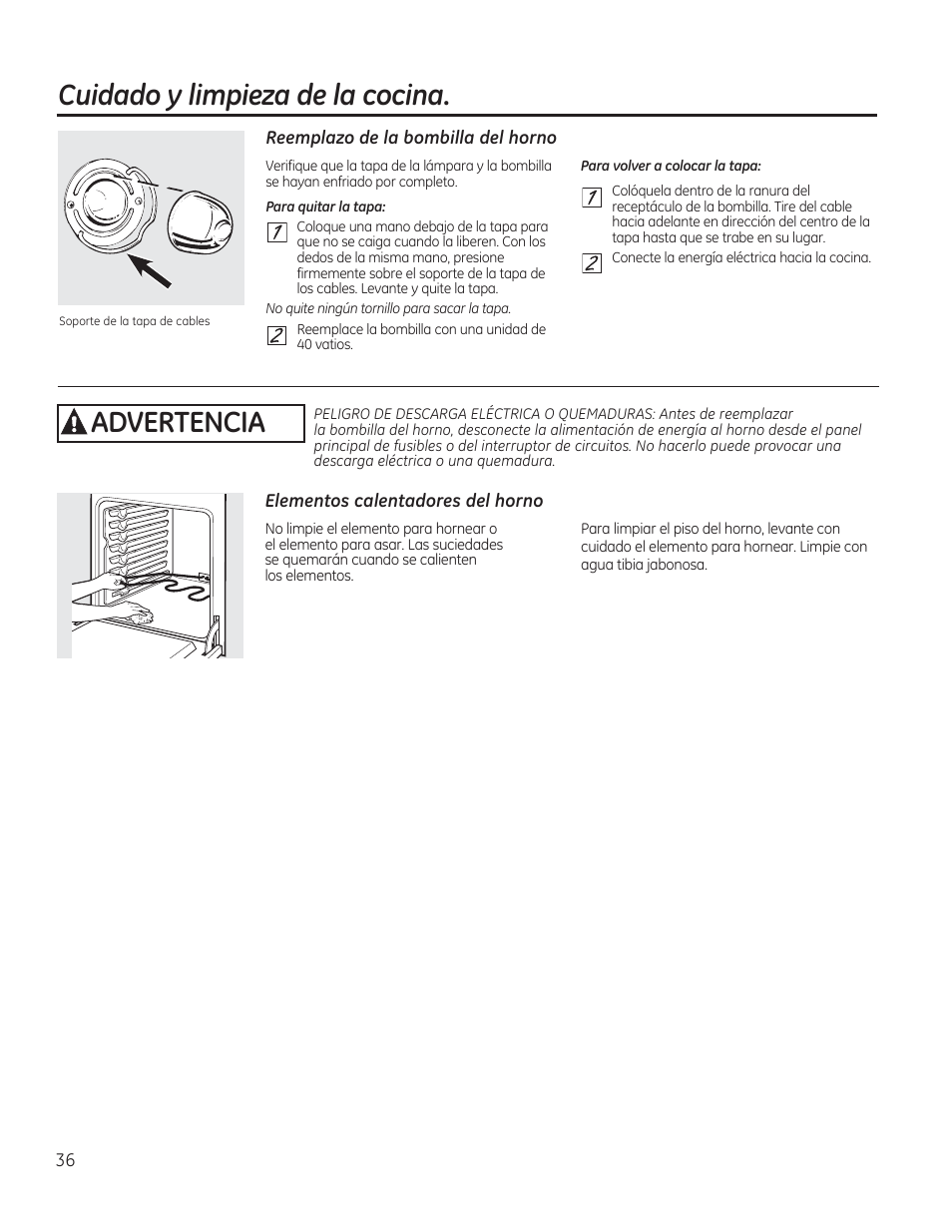 Reemplazo de la bombilla del horno, Elementos colentodores del horno, Cuidado y limpieza de la cocina | A advertencia | GE CS975SDSS User Manual | Page 92 / 112