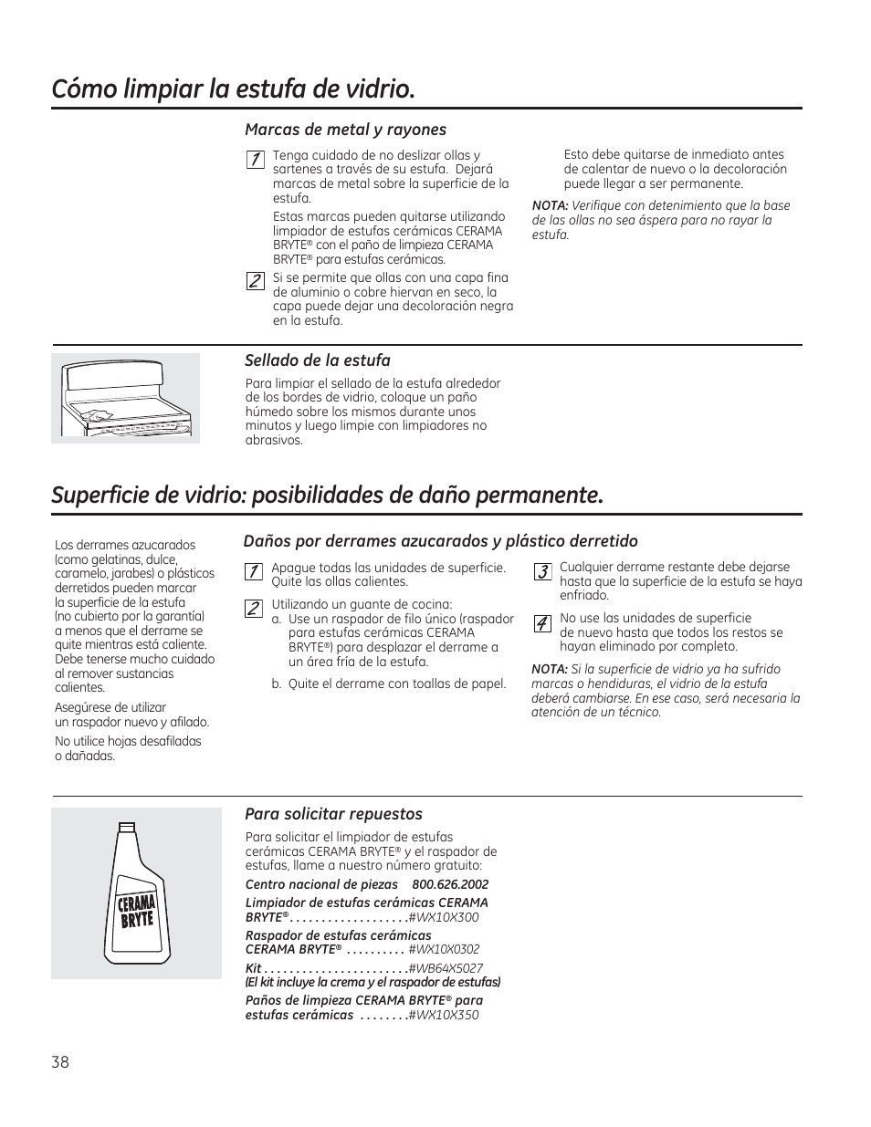 Cómo limpiar la estufa de vidrio, Marcas de metal y rayones, Sellado de la estufa | Para solicitar repuestos | GE CS975SDSS User Manual | Page 94 / 112