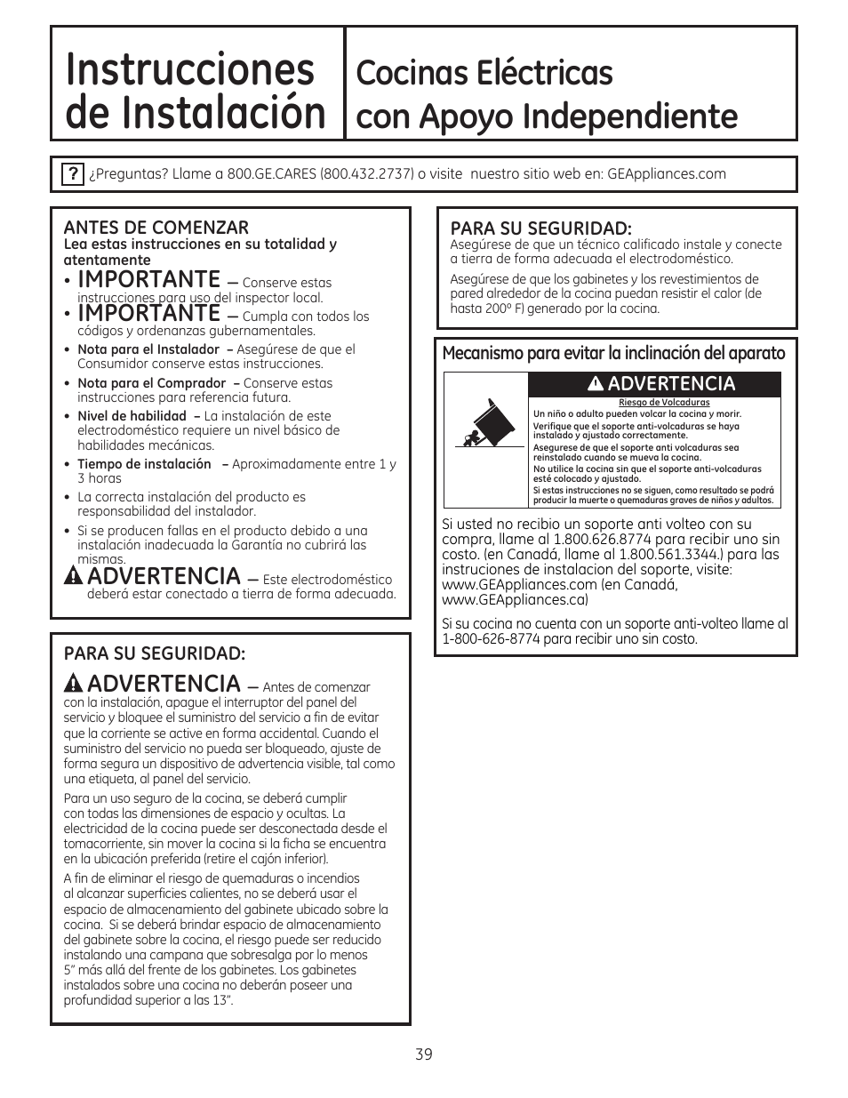 Antes de comenzar, Para su seguridad, Mecanismo pora evitar la inclinación del aparato | Instrucciones de instalación, Cocinas eléctricas con apoyo independiente, Importante, Aadvertencia, Advertencia | GE CS975SDSS User Manual | Page 95 / 112