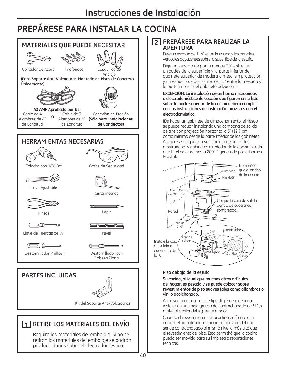 Preparese para instalar la cocina, Materiales que puede necesitar, H retire los materiales del envío | Preparese para realizar la apertura, Instrucciones de instalación | GE CS975SDSS User Manual | Page 96 / 112