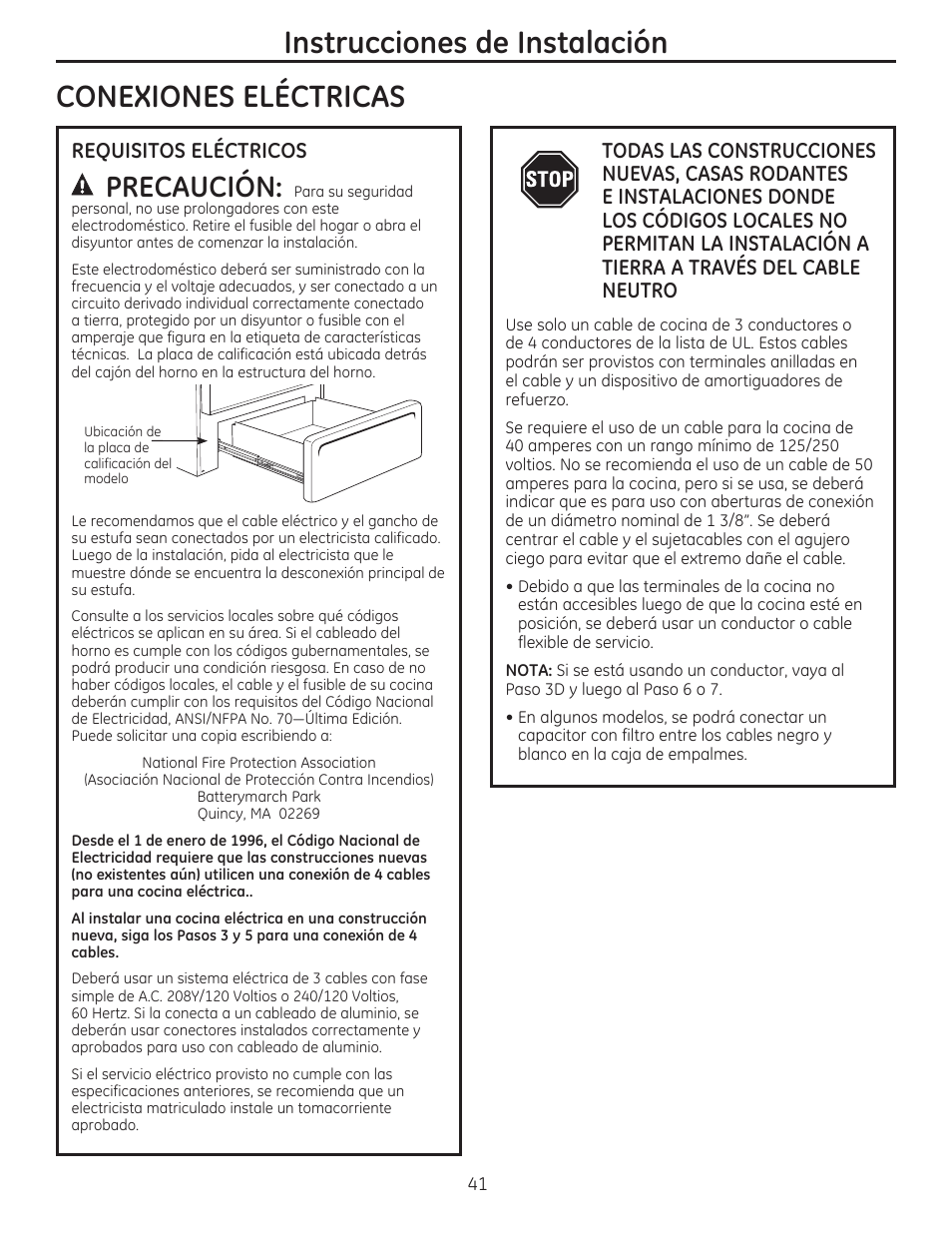 Conexiones electricas, Conexiones eléctricos -44, Instrucciones de instalación | A precaución, Requisitos electricos | GE CS975SDSS User Manual | Page 97 / 112