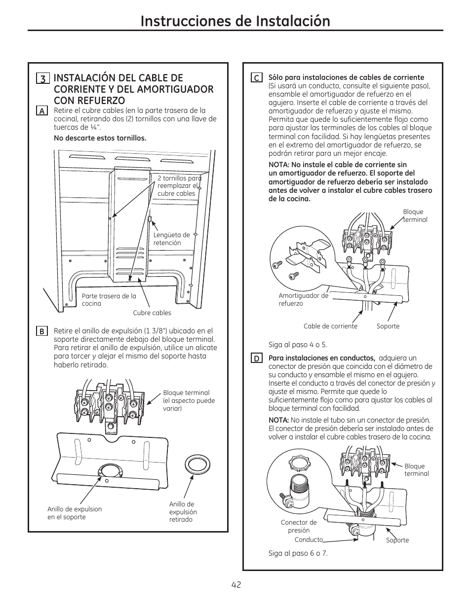 H instalación del cable de, Corriente y del amortiguador con refuerzo, X—oli | Instrucciones de instalación | GE CS975SDSS User Manual | Page 98 / 112