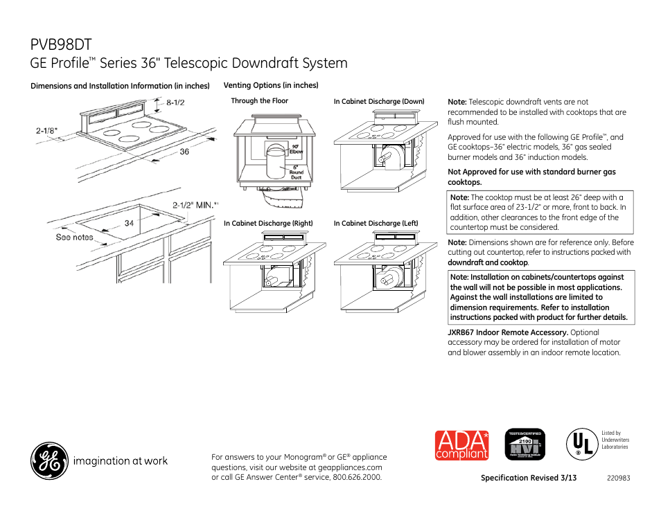 GE PVB98DTBB User Manual | 3 pages