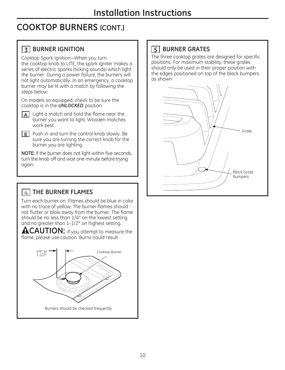 Installation instructions, Cooktop burners, Caution | Cont.) | GE PGP986SETSS User Manual | Page 10 / 48