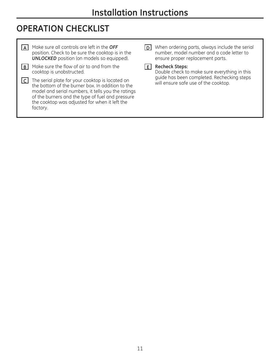 Operation checklist, Installation instructions | GE PGP986SETSS User Manual | Page 11 / 48