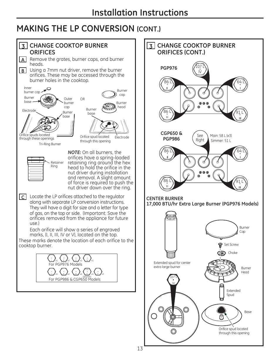 Installation instructions making the lp conversion, Cont.), Change cooktop burner orifices (cont.) | Change cooktop burner orifices | GE PGP986SETSS User Manual | Page 13 / 48