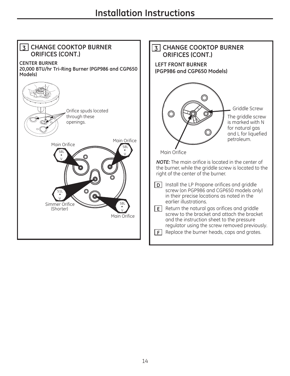 Installation instructions, Change cooktop burner orifices (cont.) | GE PGP986SETSS User Manual | Page 14 / 48