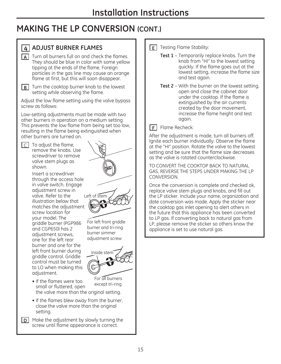 Installation instructions making the lp conversion, Cont.), Adjust burner flames | GE PGP986SETSS User Manual | Page 15 / 48