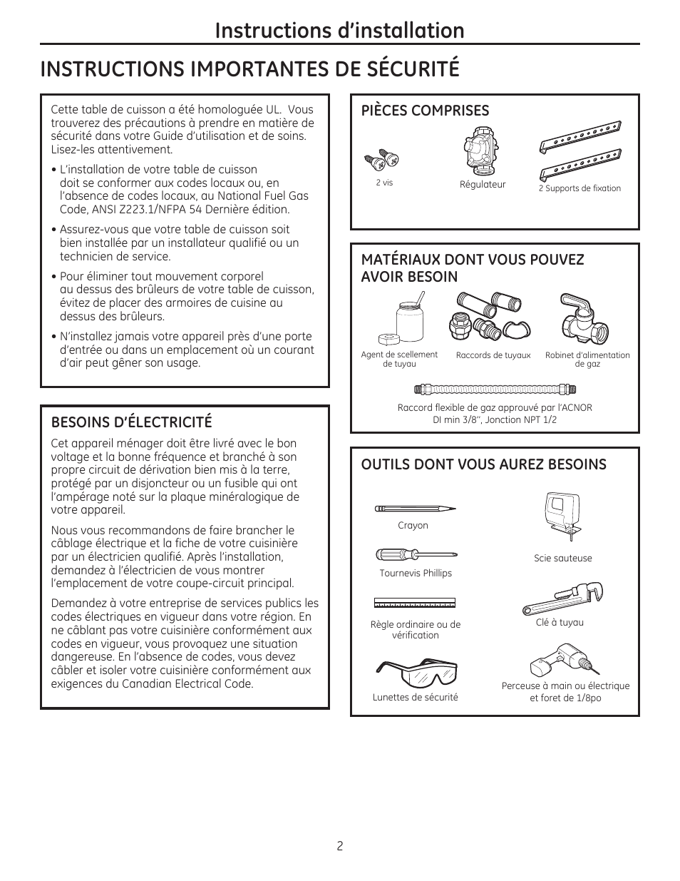 Besoins d’électricité, Pièces comprises | GE PGP986SETSS User Manual | Page 18 / 48