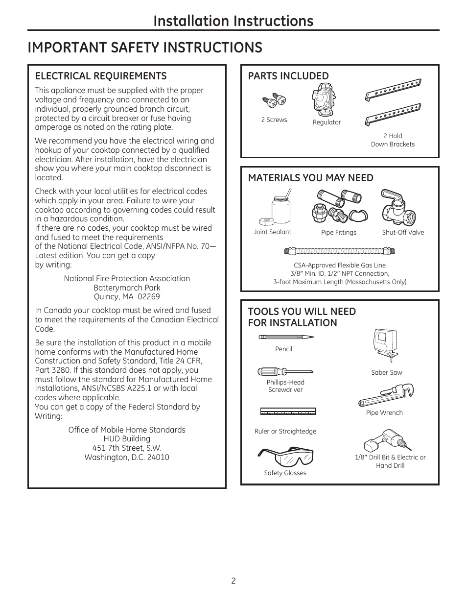 Electrical requirements | GE PGP986SETSS User Manual | Page 2 / 48
