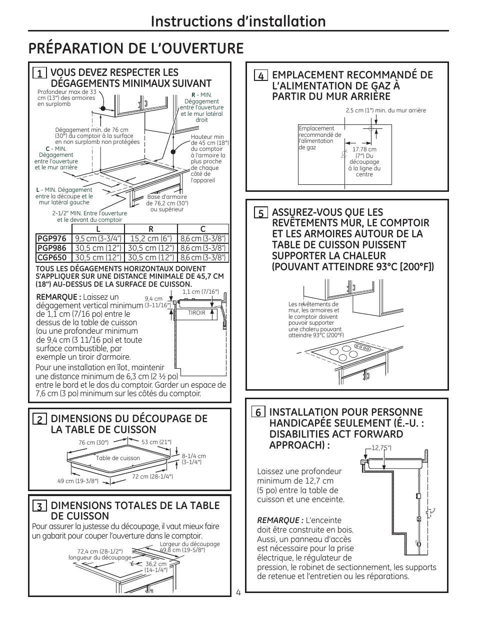 Dimensions du découpage de la table de cuisson 3, Dimensions totales de la table de cuisson | GE PGP986SETSS User Manual | Page 20 / 48