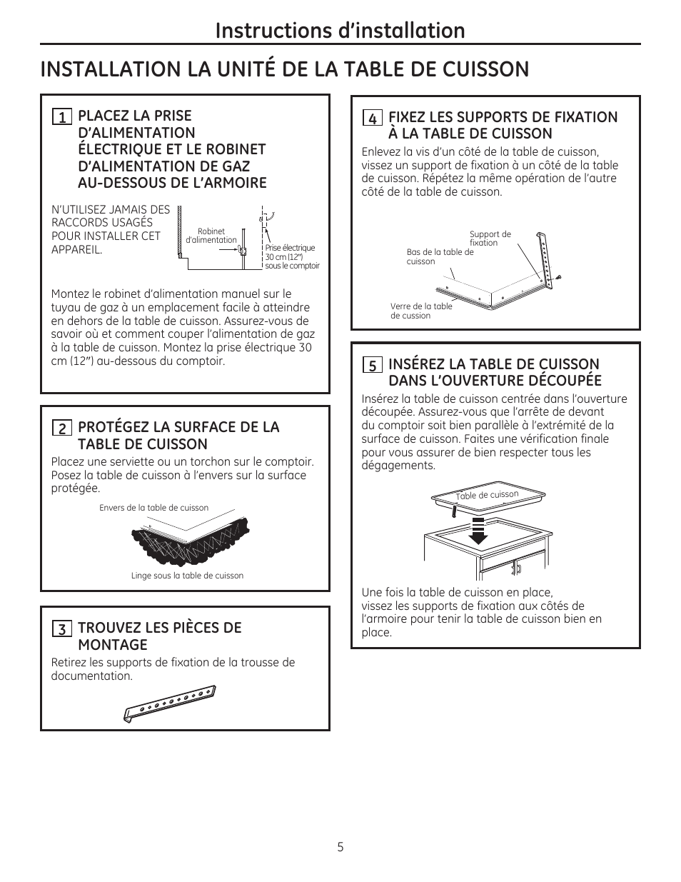2 protégez la surface de la table de cuisson, Trouvez les pièces de montage | GE PGP986SETSS User Manual | Page 21 / 48