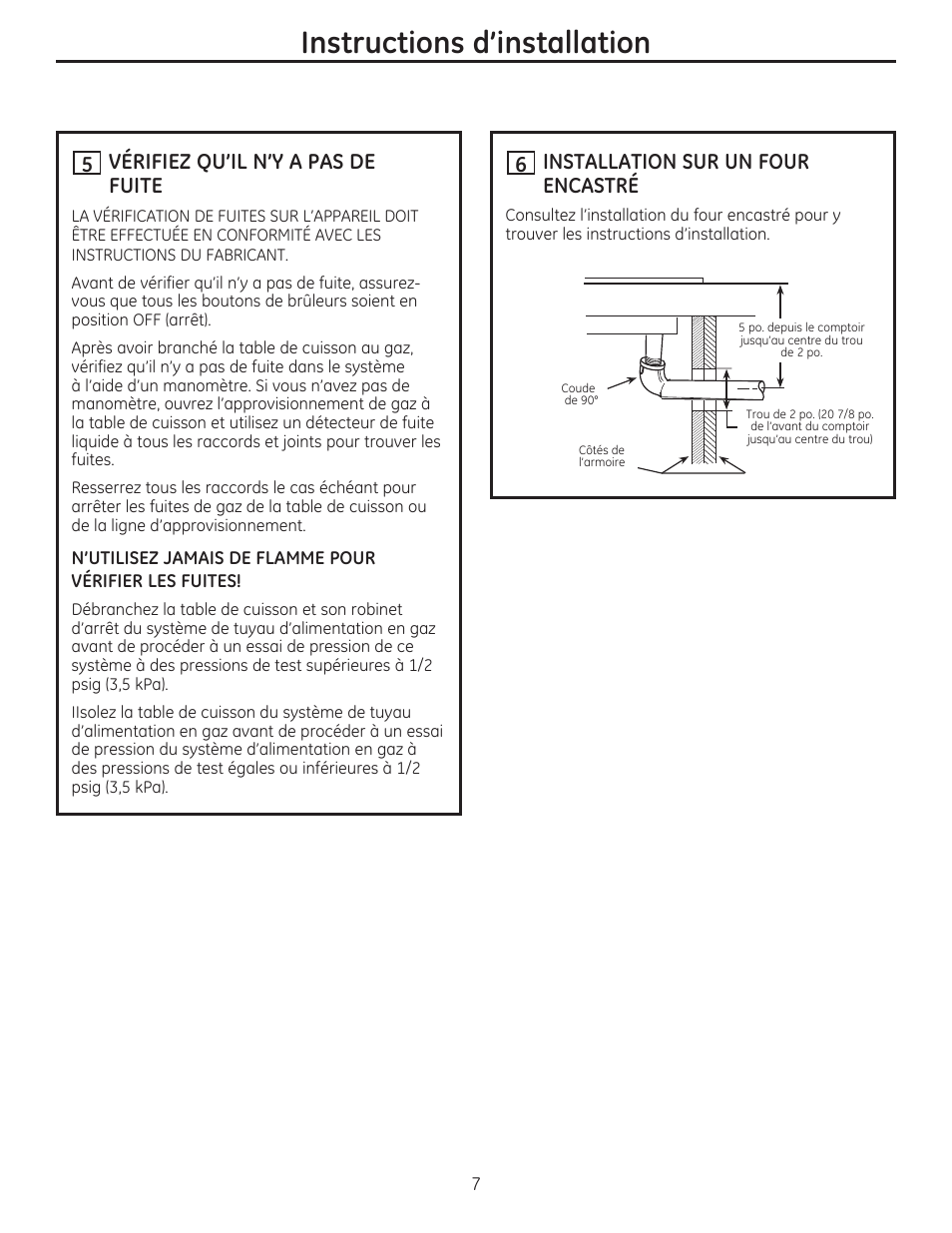 Instructions d’installation, Installation sur un four encastré, Vérifiez qu’il n’y a pas de fuite | GE PGP986SETSS User Manual | Page 23 / 48