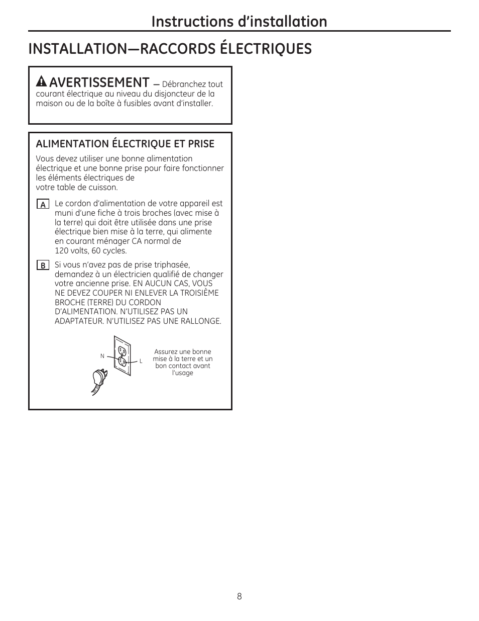 Instructions d’installation, Avertissement | GE PGP986SETSS User Manual | Page 24 / 48