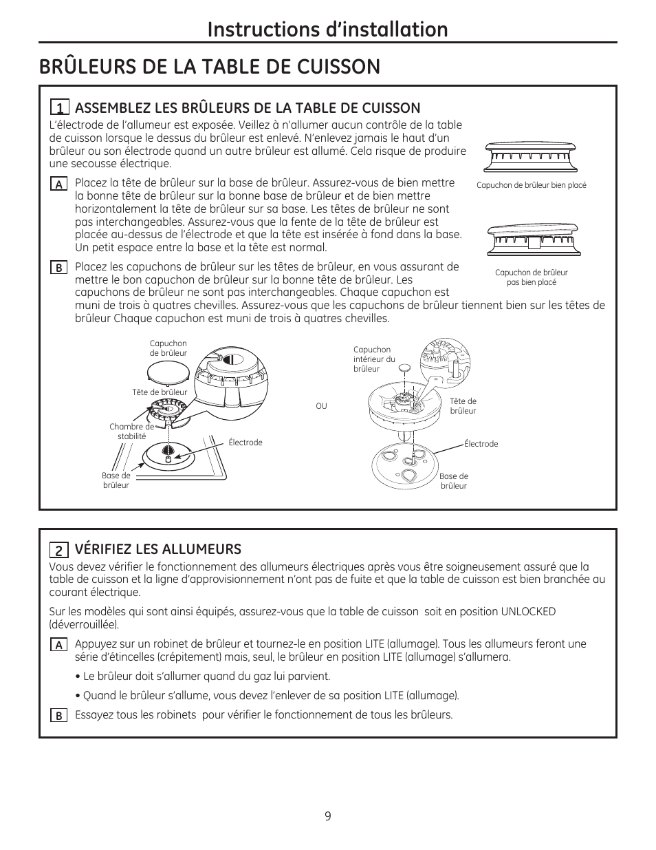 Assemblez les brûleurs de la table de cuisson, Vérifiez les allumeurs | GE PGP986SETSS User Manual | Page 25 / 48