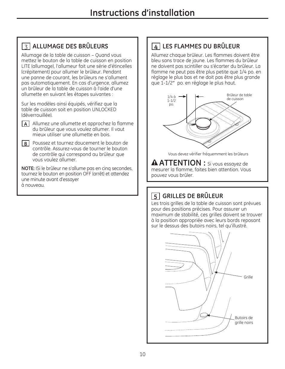 Instructions d’installation, Attention, Allumage des brûleurs | Grilles de brûleur, Les flammes du brûleur | GE PGP986SETSS User Manual | Page 26 / 48