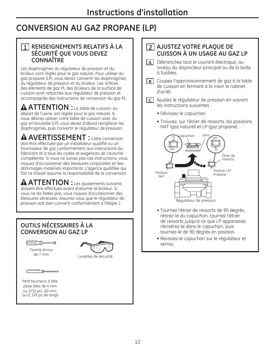 Attention, Avertissement, Outils nécessaires à la conversion au gaz lp | GE PGP986SETSS User Manual | Page 28 / 48