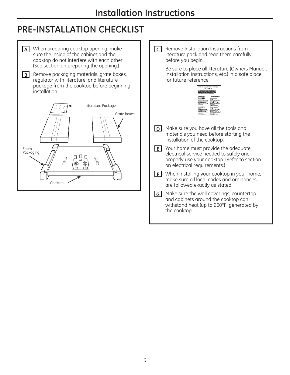 Installation instructions, Pre-installation checklist | GE PGP986SETSS User Manual | Page 3 / 48