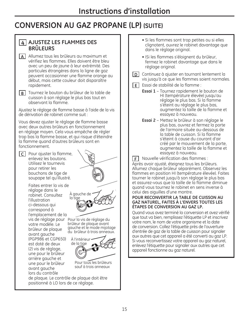 Suite), Ajustez les flammes des brûleurs | GE PGP986SETSS User Manual | Page 31 / 48