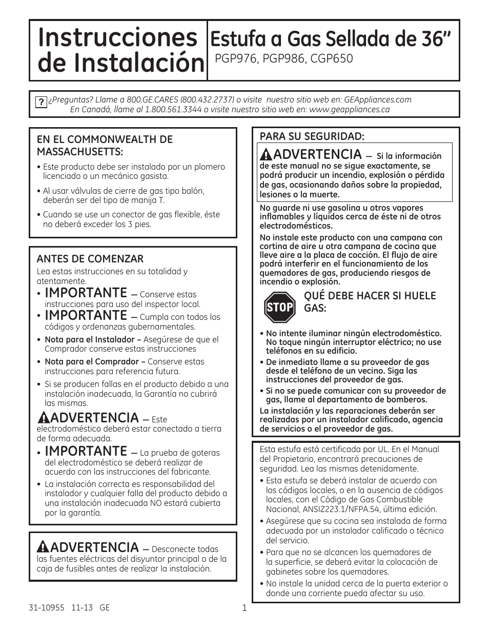 Instrucciones, De instalación, Estufa a gas sellada de 36 | Importante, Advertencia | GE PGP986SETSS User Manual | Page 33 / 48