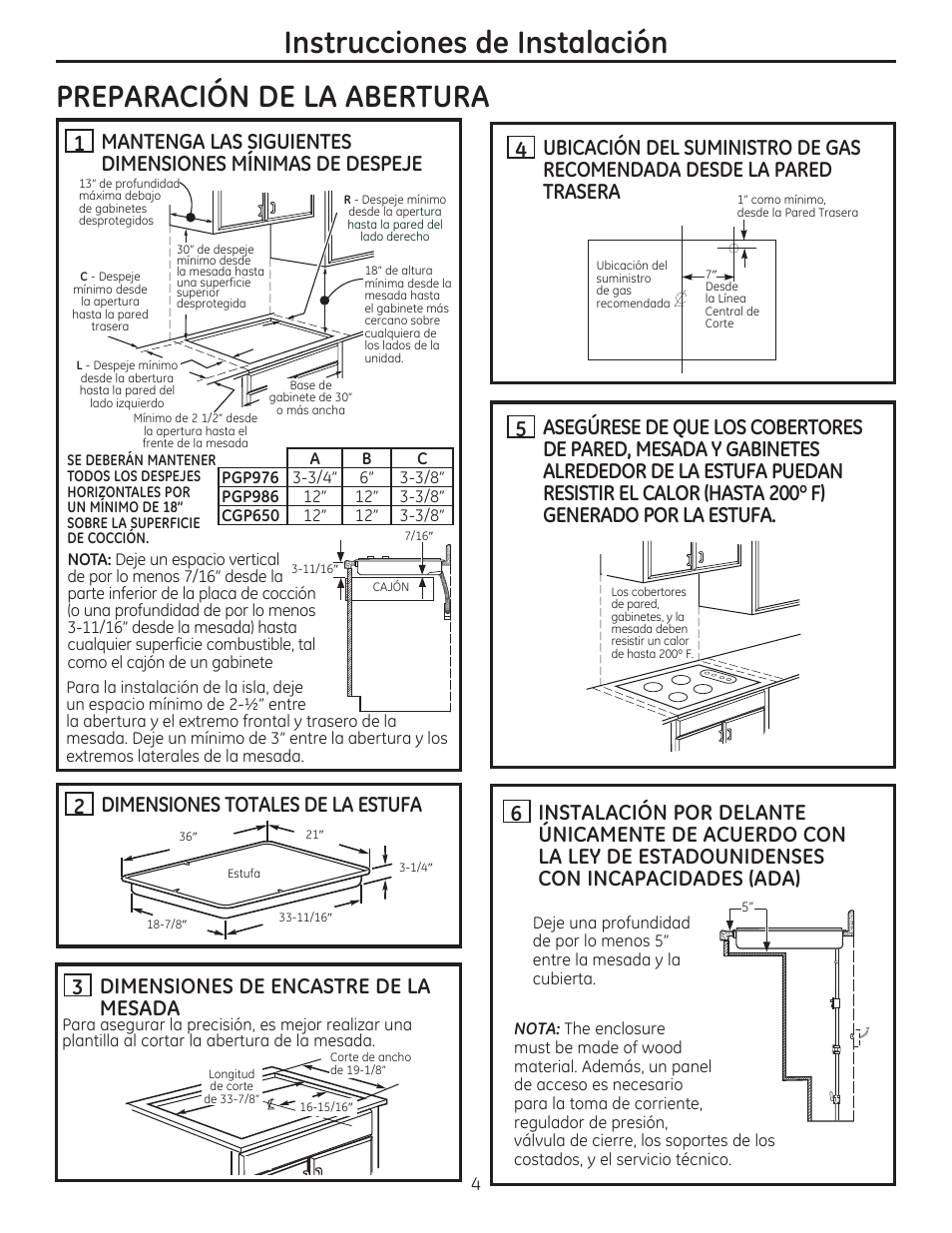 Preparación de la abertura, Instrucciones de instalación | GE PGP986SETSS User Manual | Page 36 / 48