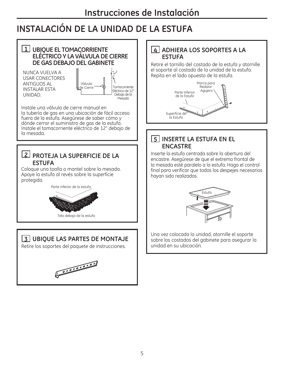 2 proteja la superficie de la estufa, Ubique las partes de montaje, Adhiera los soportes a la estufa | Inserte la estufa en el encastre | GE PGP986SETSS User Manual | Page 37 / 48