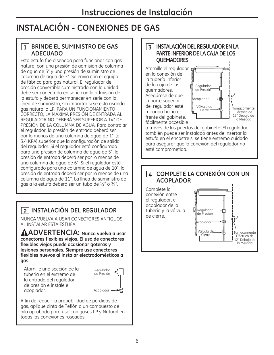 Advertencia, Brinde el suministro de gas adecuado, Instalación del regulador | Complete la conexión con un acoplador | GE PGP986SETSS User Manual | Page 38 / 48