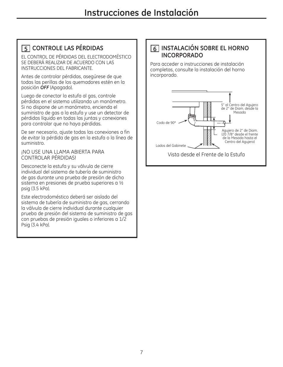 Instrucciones de instalación, Instalación sobre el horno incorporado, Controle las pérdidas | GE PGP986SETSS User Manual | Page 39 / 48