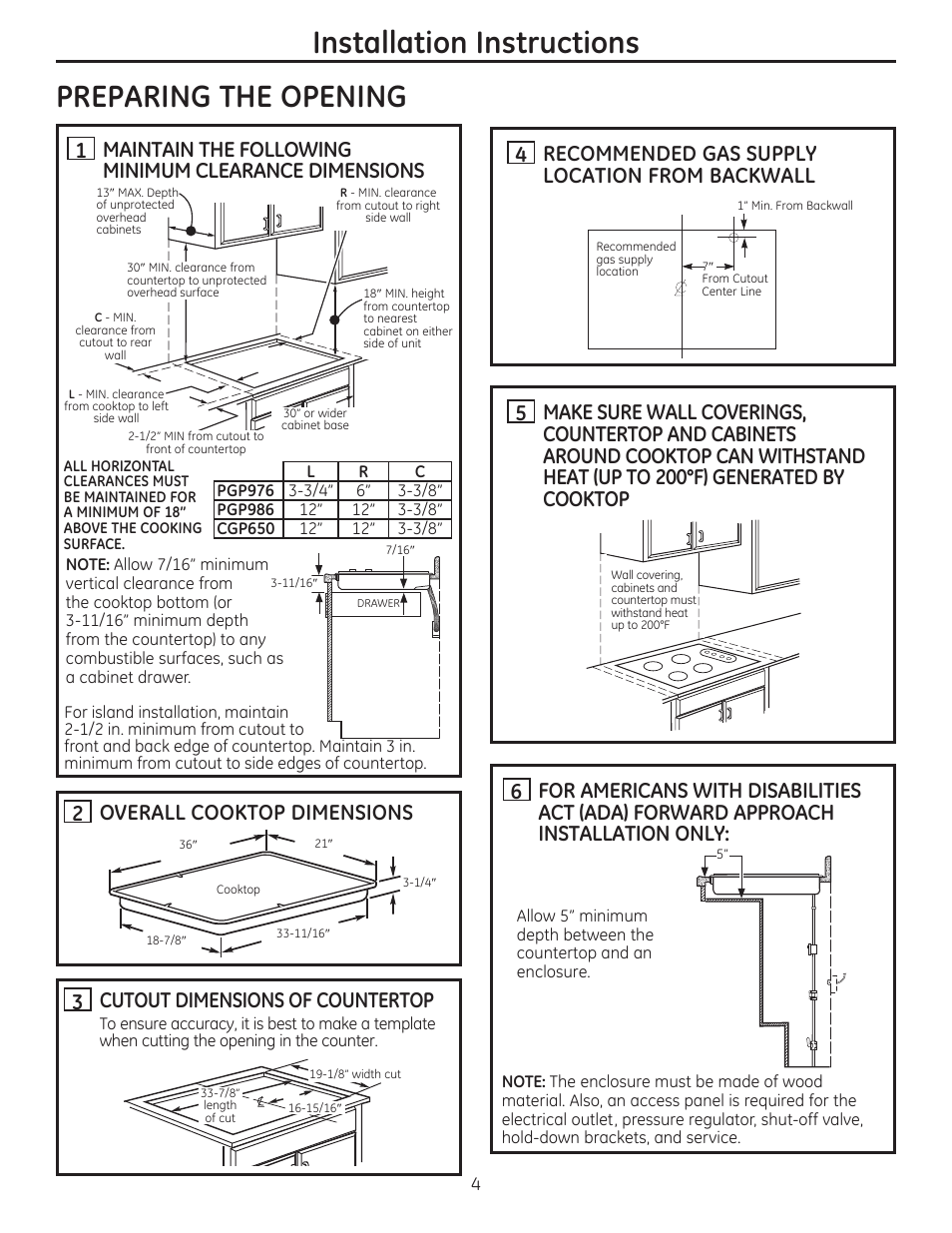 Preparing the opening, Installation instructions, 3 cutout dimensions of countertop | GE PGP986SETSS User Manual | Page 4 / 48