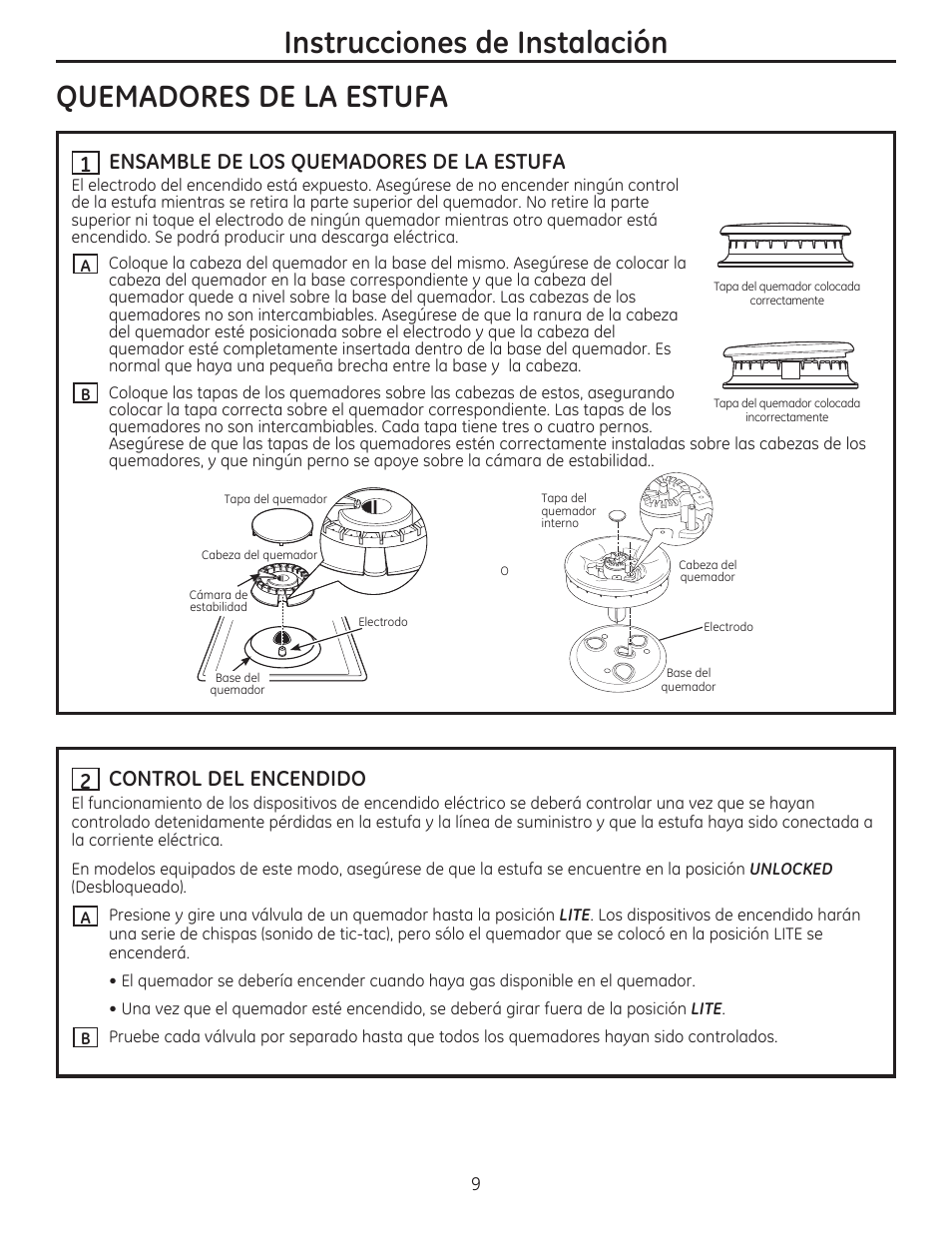 Ensamble de los quemadores de la estufa, Control del encendido | GE PGP986SETSS User Manual | Page 41 / 48