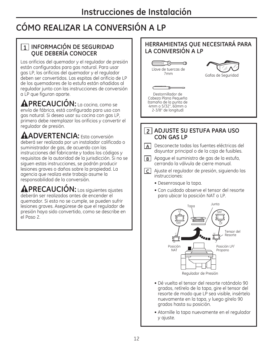 Precaución, Advertencia, Información de seguridad que debería conocer | Adjuste su estufa para uso con gas lp | GE PGP986SETSS User Manual | Page 44 / 48