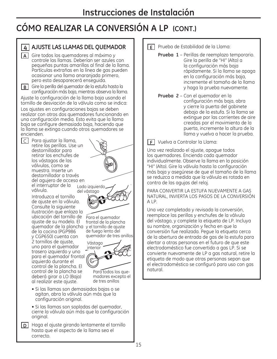 Cont.), Ajuste las llamas del quemador | GE PGP986SETSS User Manual | Page 47 / 48