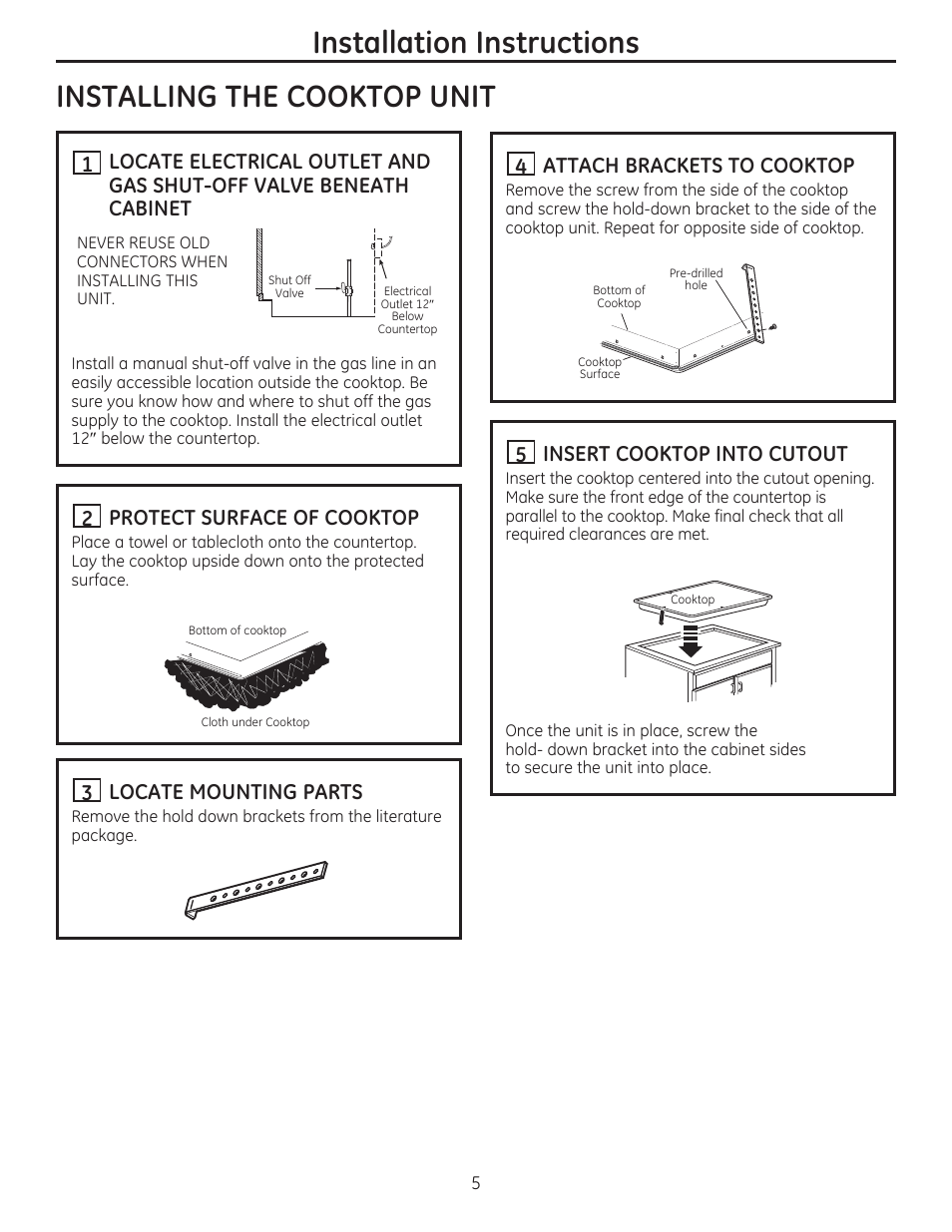 2 protect surface of cooktop, Locate mounting parts, Attach brackets to cooktop | Insert cooktop into cutout | GE PGP986SETSS User Manual | Page 5 / 48