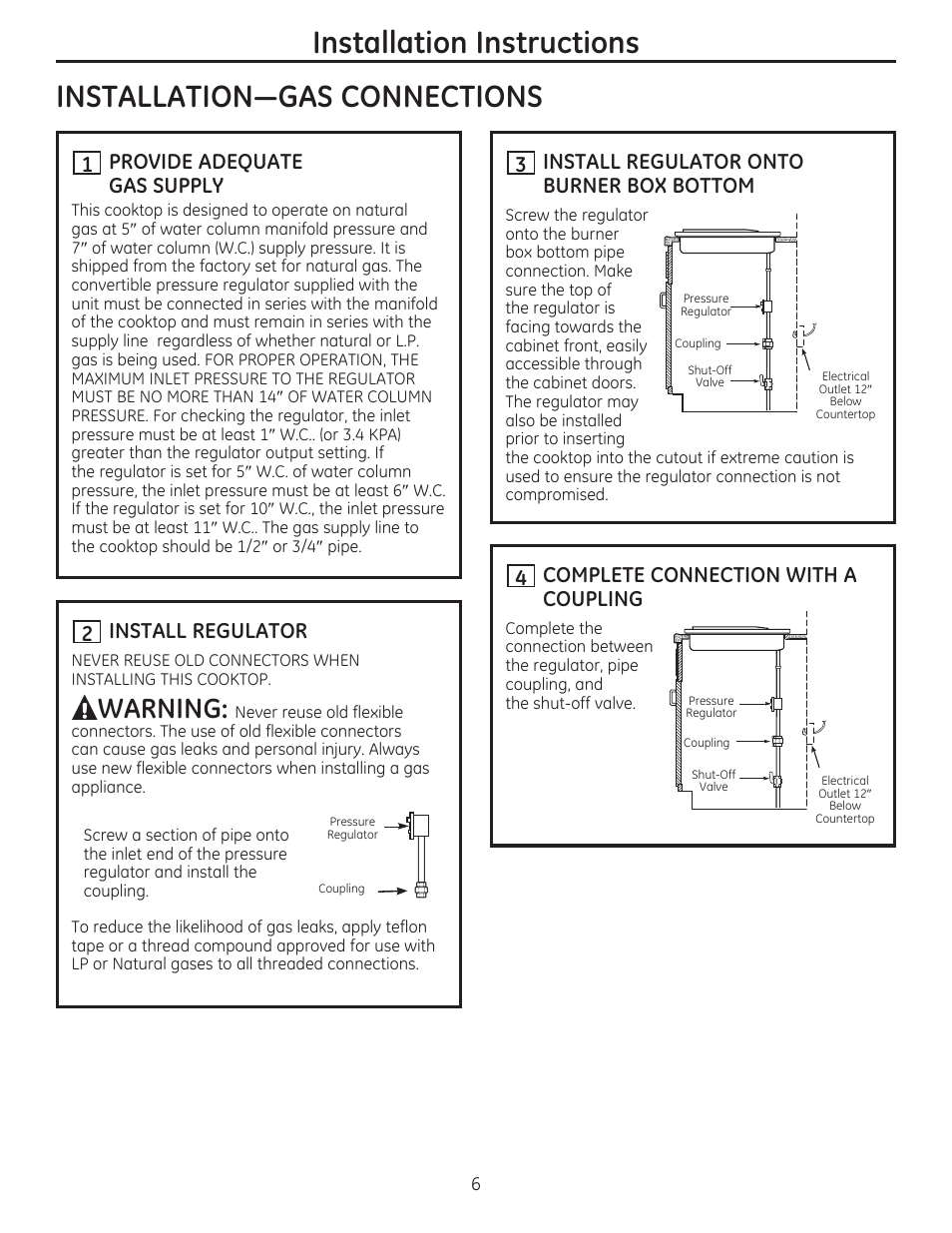 Warning, Provide adequate gas supply, Install regulator | Install regulator onto burner box bottom, Complete connection with a coupling | GE PGP986SETSS User Manual | Page 6 / 48