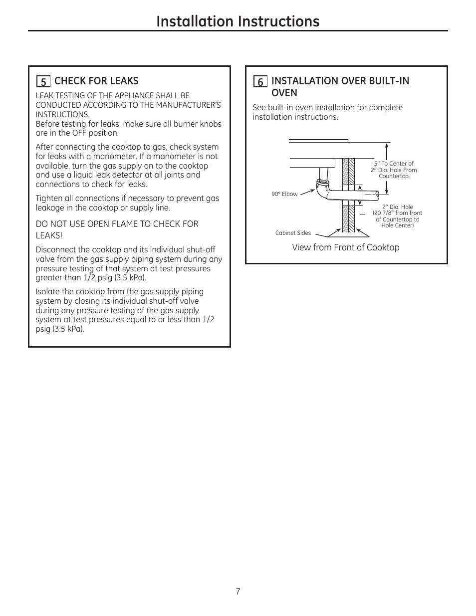 Installation instructions, Installation over built-in oven, Check for leaks | GE PGP986SETSS User Manual | Page 7 / 48