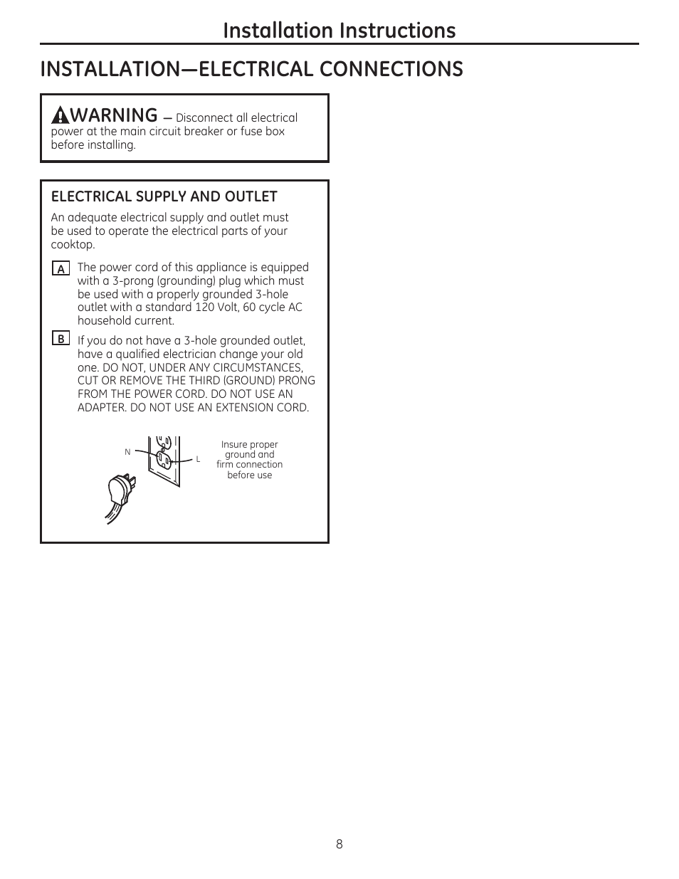 Installation instructions, Warning | GE PGP986SETSS User Manual | Page 8 / 48