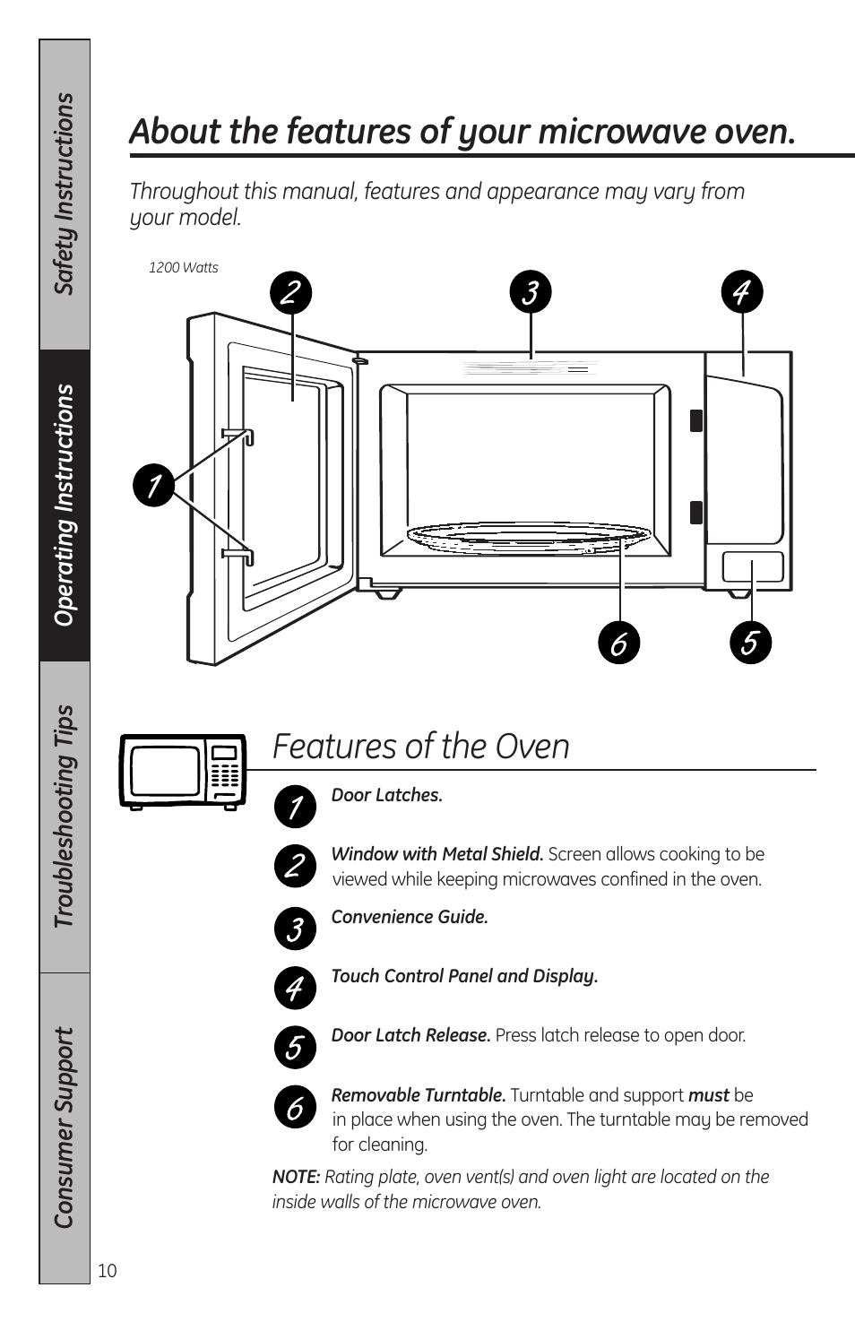 Features of your microwave oven, Features of your microwave oven , 11, About the features of your microwave oven | Features of the oven | GE JES2051DNBB User Manual | Page 10 / 36