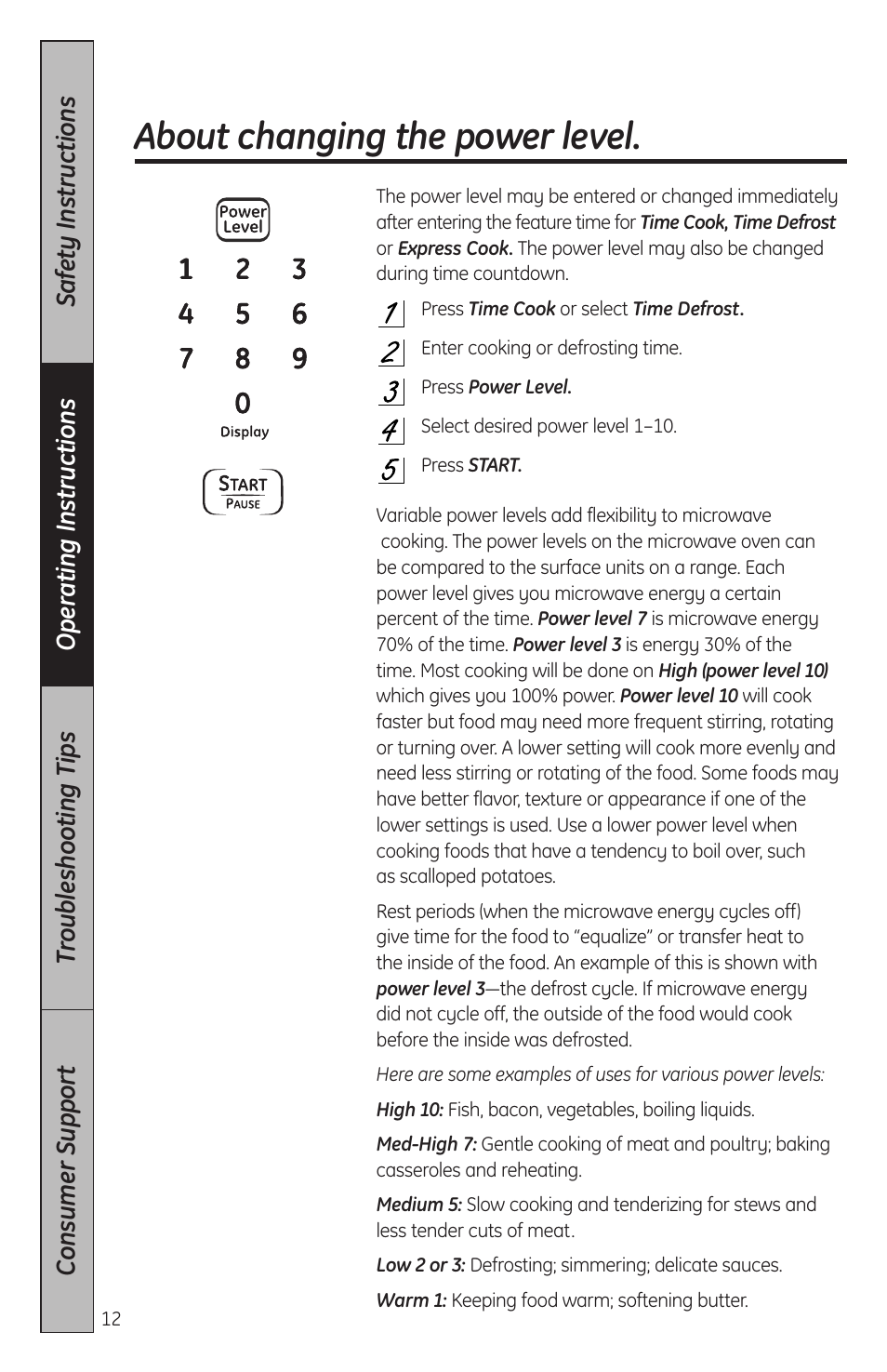 Changing the power level, About changing the power level | GE JES2051DNBB User Manual | Page 12 / 36